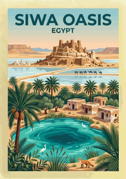 Travel poster of Siwa Oasis in Egypt featuring a mudbrick fortress and palm trees.