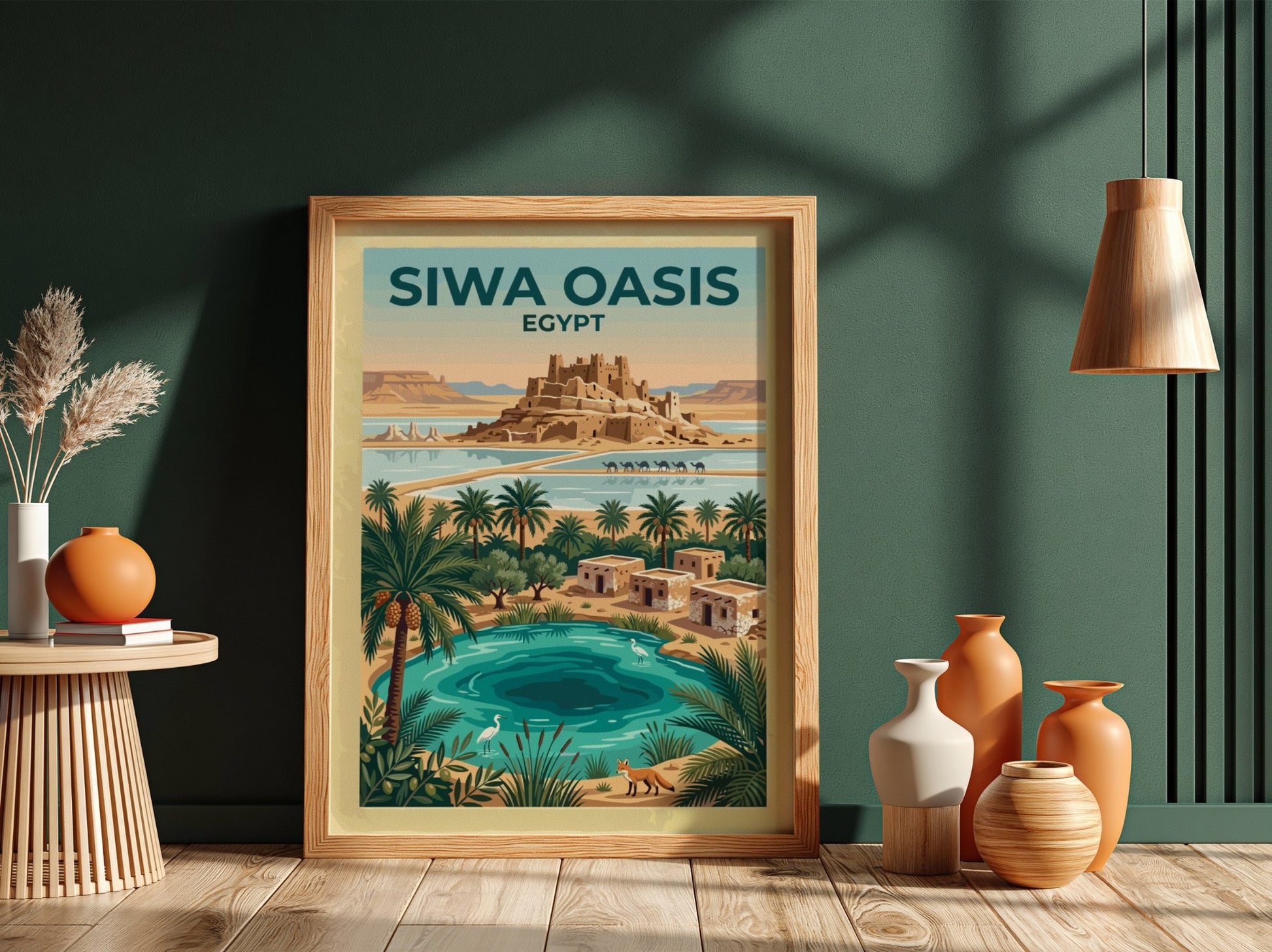 Travel poster of Siwa Oasis in Egypt featuring a mudbrick fortress and palm trees.