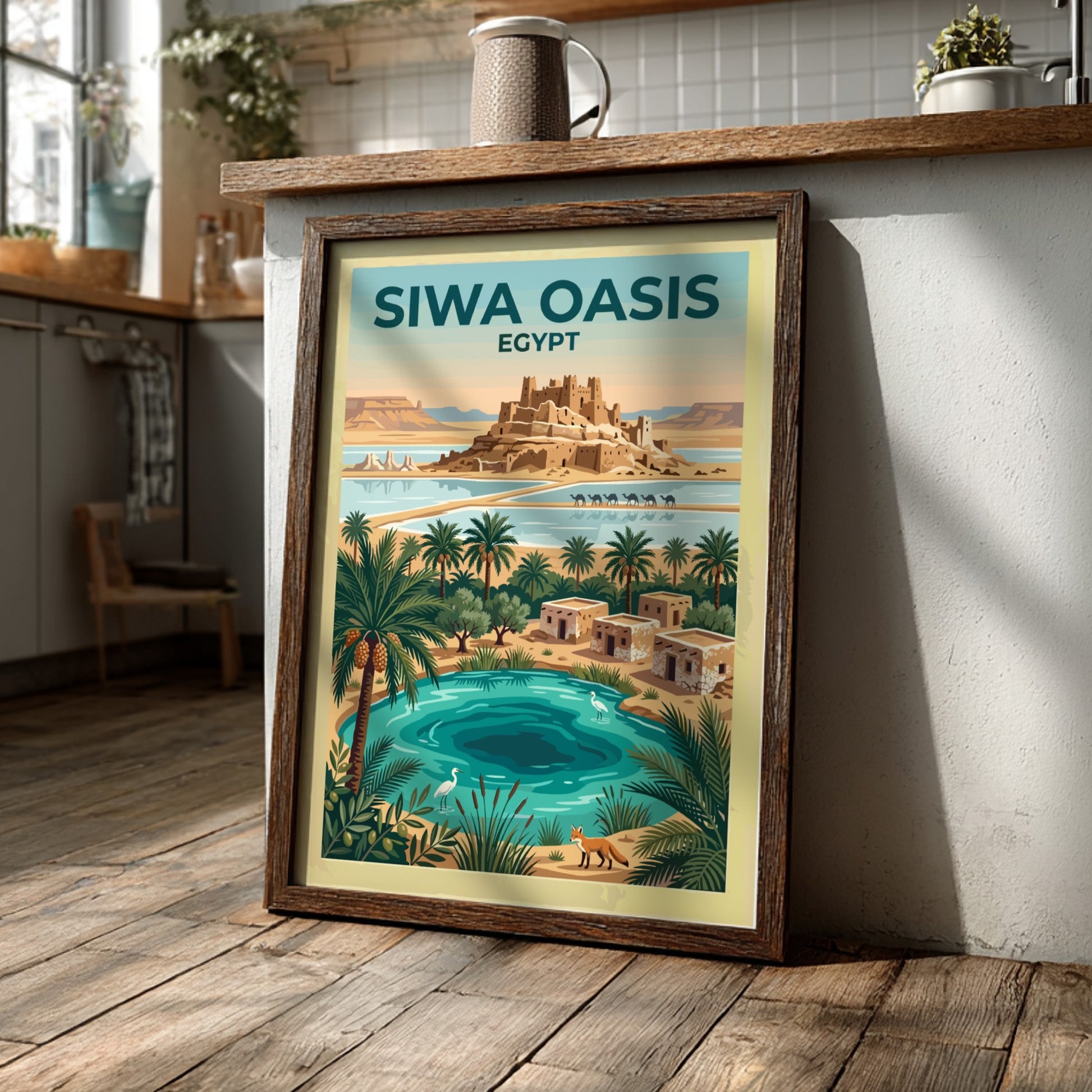 Travel poster of Siwa Oasis in Egypt featuring a mudbrick fortress and palm trees.