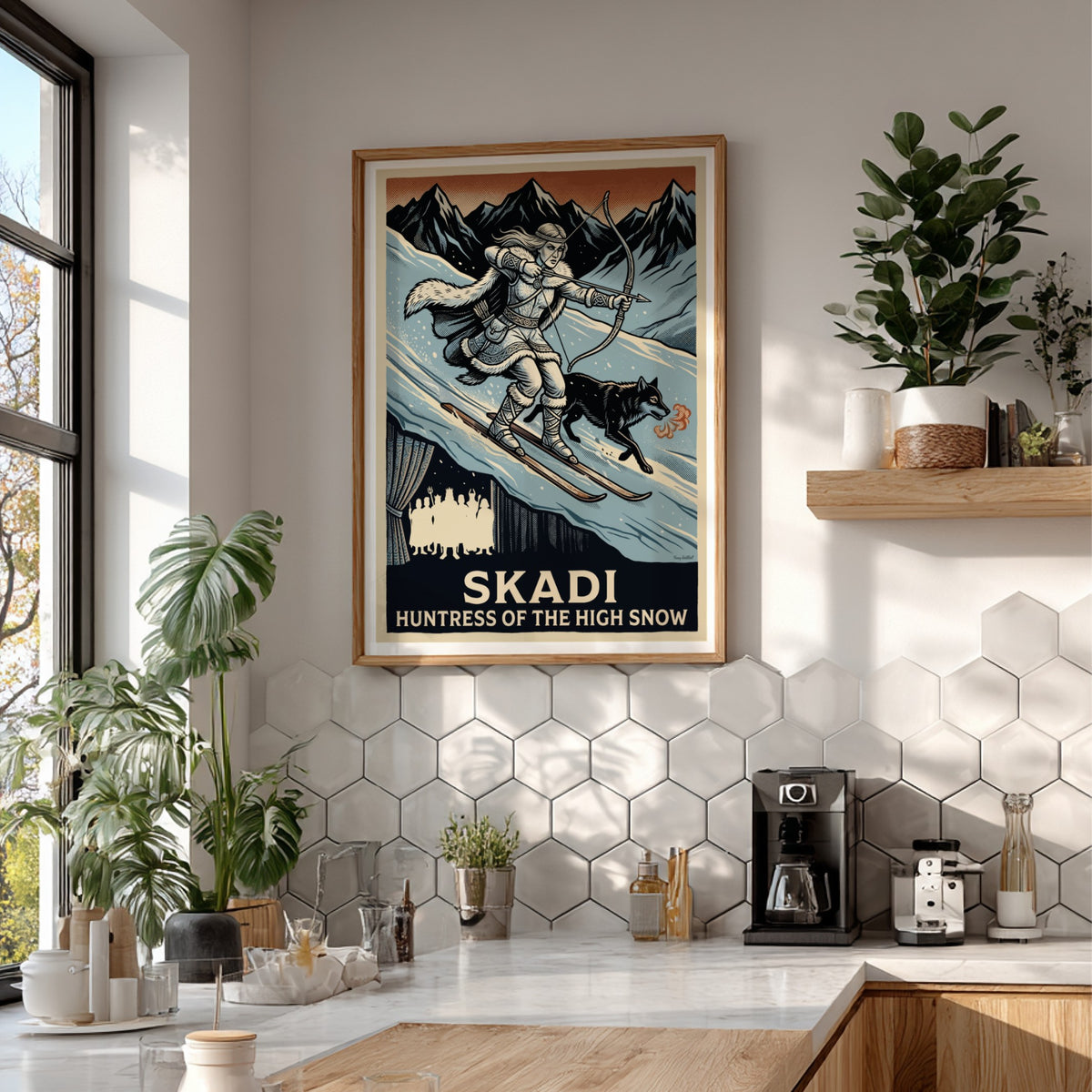Poster featuring Skadi the Norse huntress skiing in snowy mountains with a wolf
