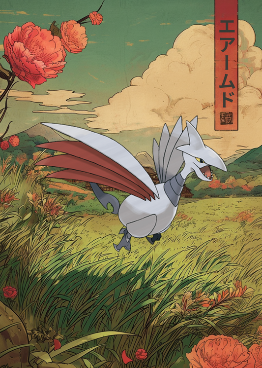 Illustration of Skarmory Pokemon in a scenic landscape with flowers and clouds.