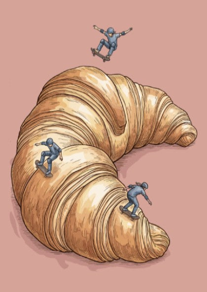 Poster featuring three skateboarders performing tricks on an oversized golden croissant pastry ramp