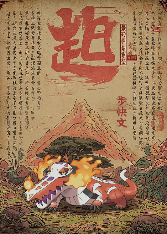 Illustration of Skeledirge Pokemon with flames, mountain, and text on a textured background