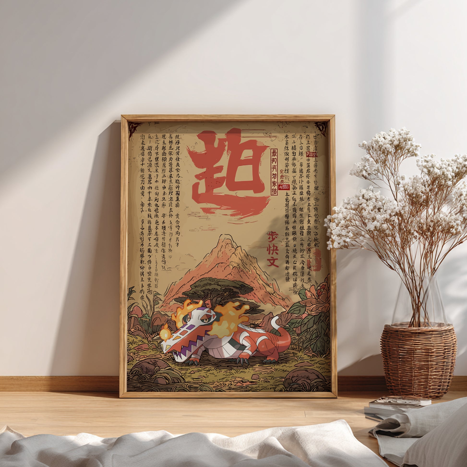 Framed artwork with traditional design and Skeledirge Pokemon on a wall.