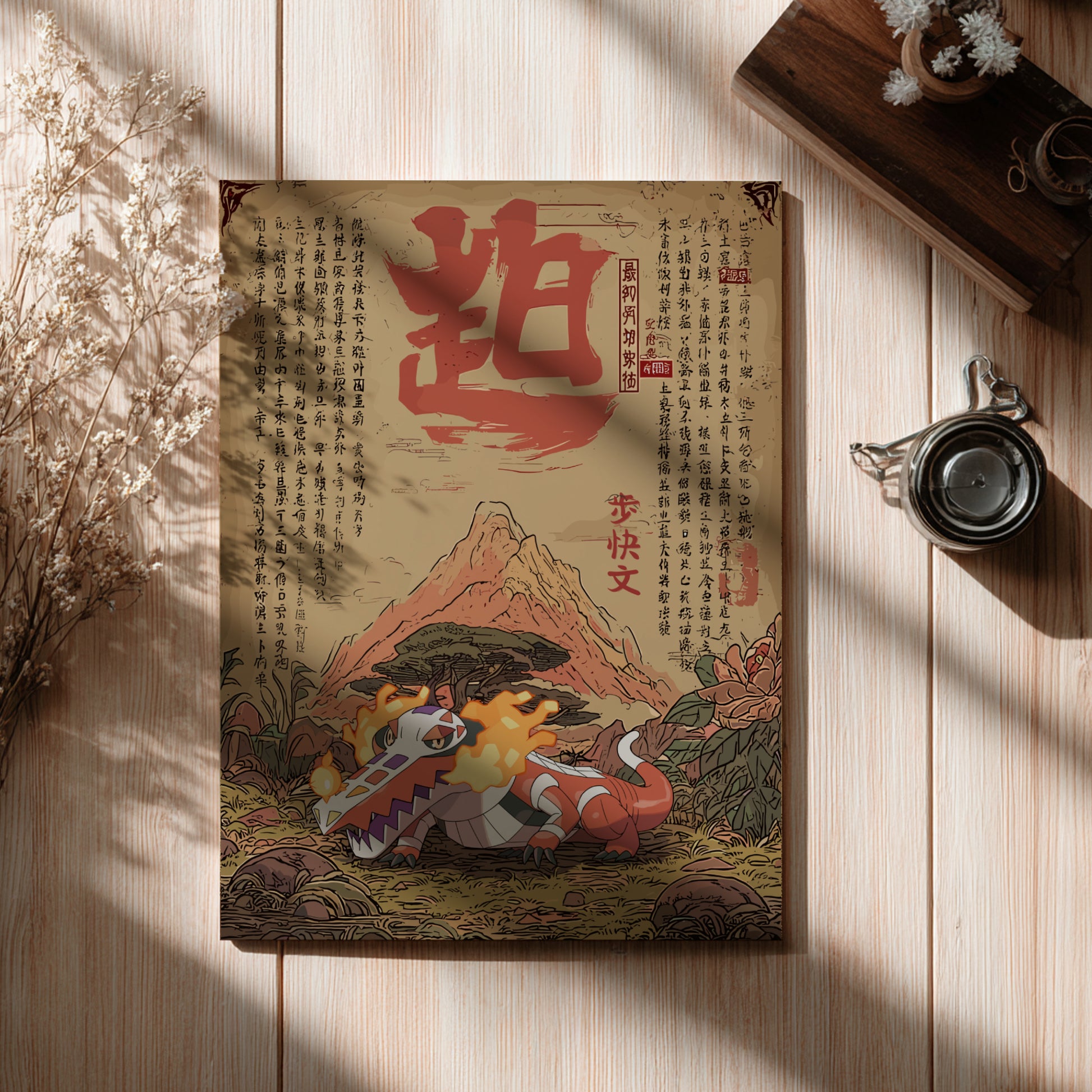 Decorative poster with a Skeledirge Pokemon design on a wooden surface