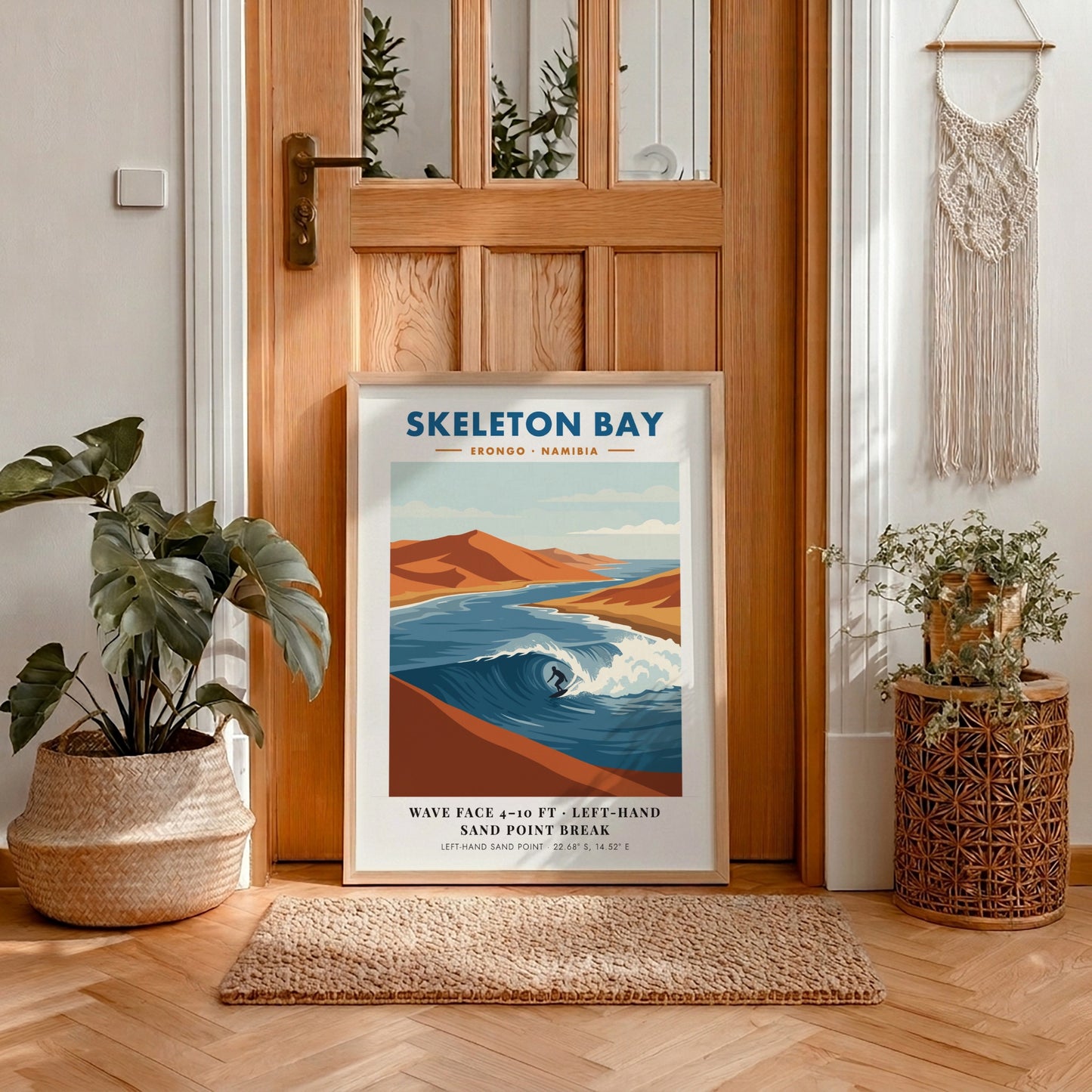 Minimalist surf poster of Skeleton Bay Namibia featuring orange sand dunes and waves.