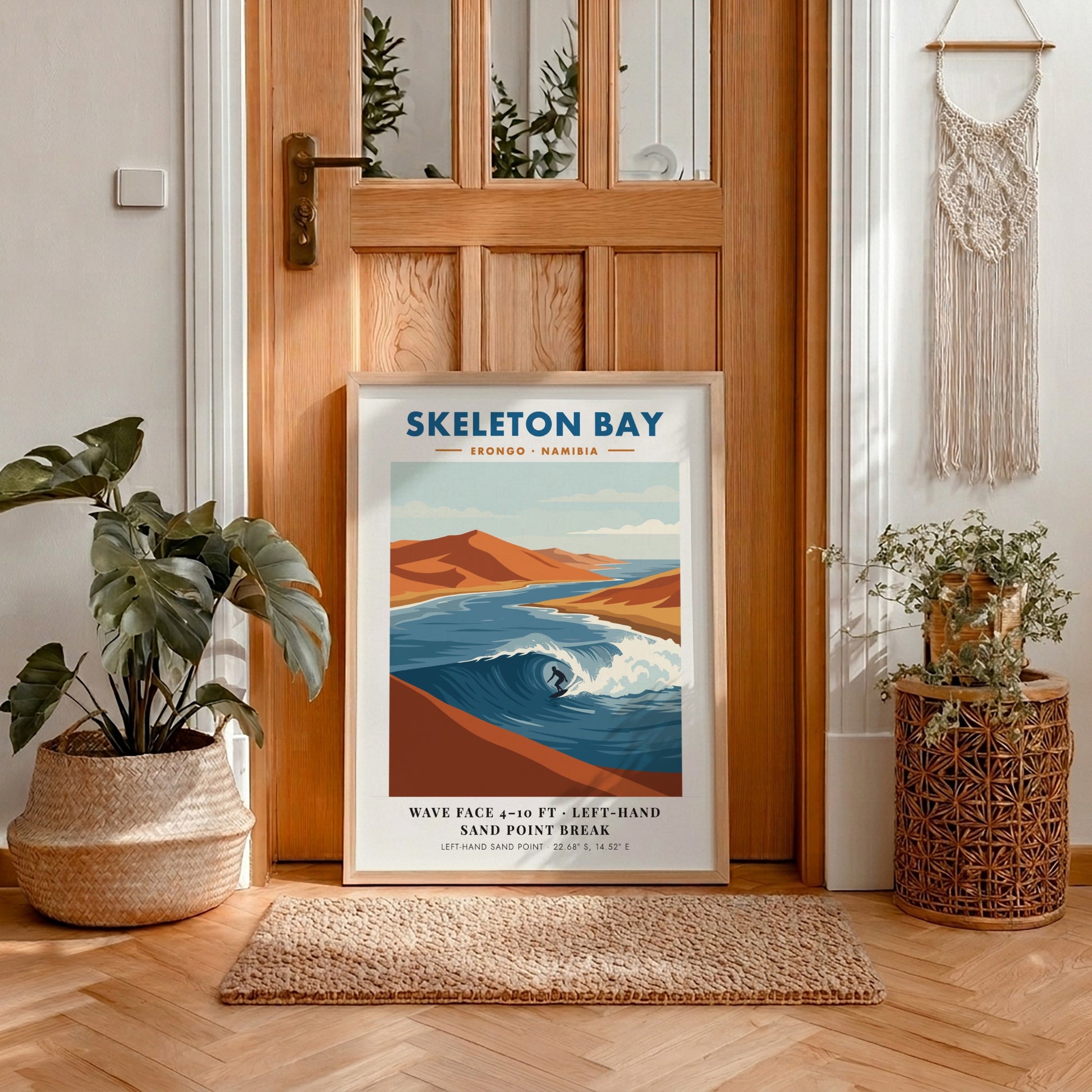 Minimalist surf poster of Skeleton Bay Namibia featuring orange sand dunes and waves.