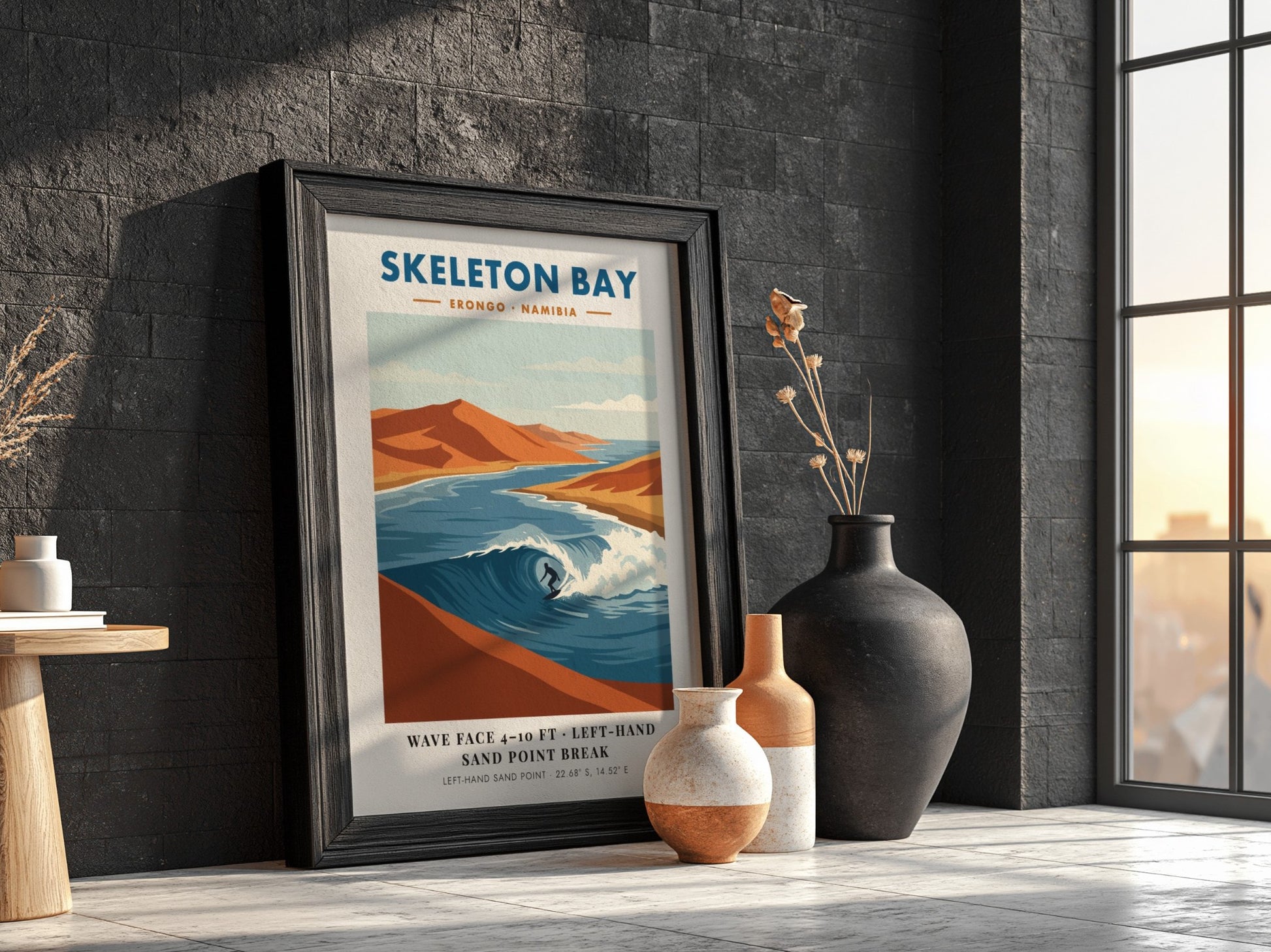 Minimalist surf poster of Skeleton Bay Namibia featuring orange sand dunes and waves.