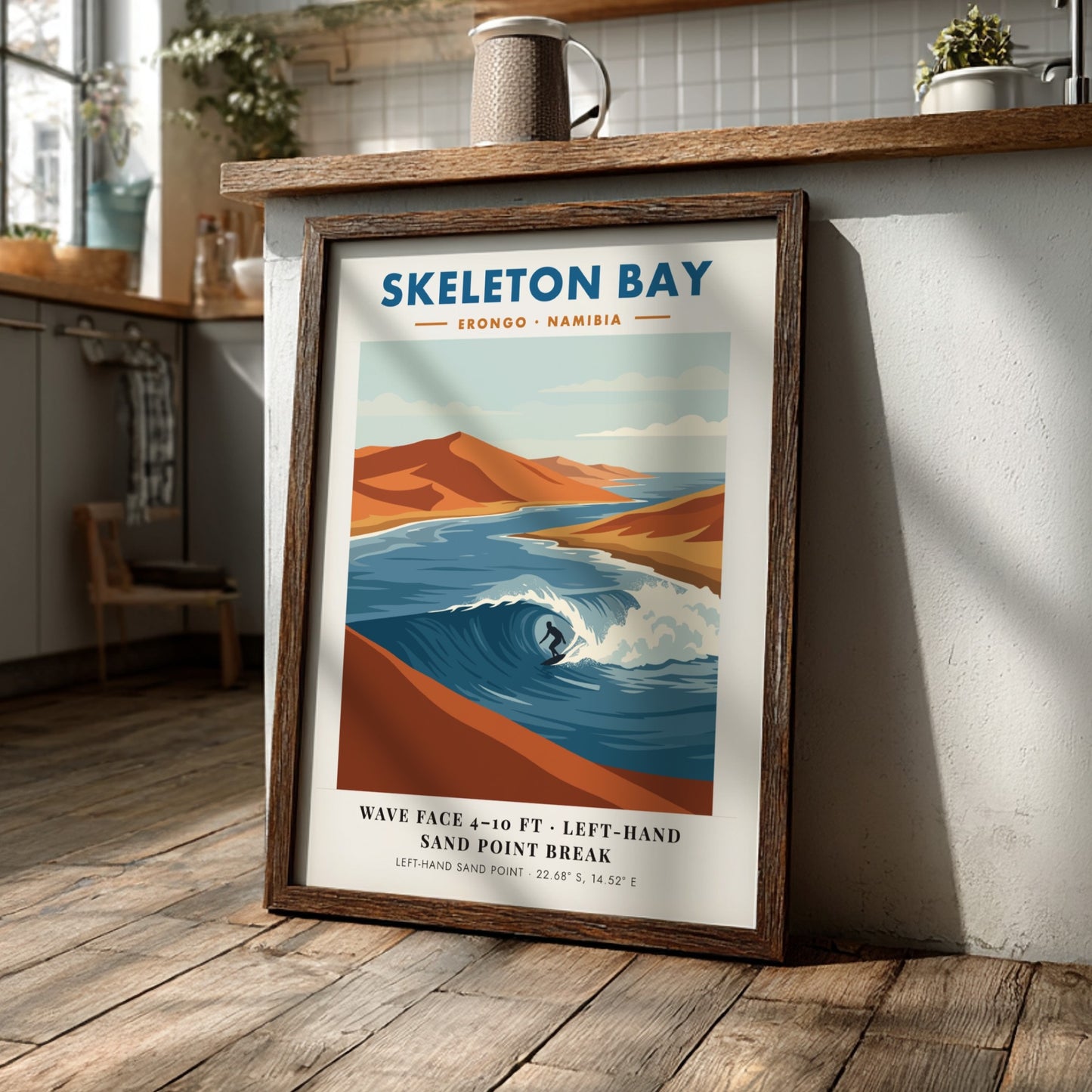 Minimalist surf poster of Skeleton Bay Namibia featuring orange sand dunes and waves.