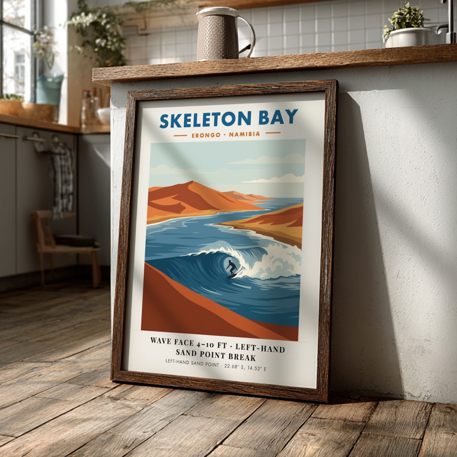 Minimalist surf poster of Skeleton Bay Namibia featuring orange sand dunes and waves.