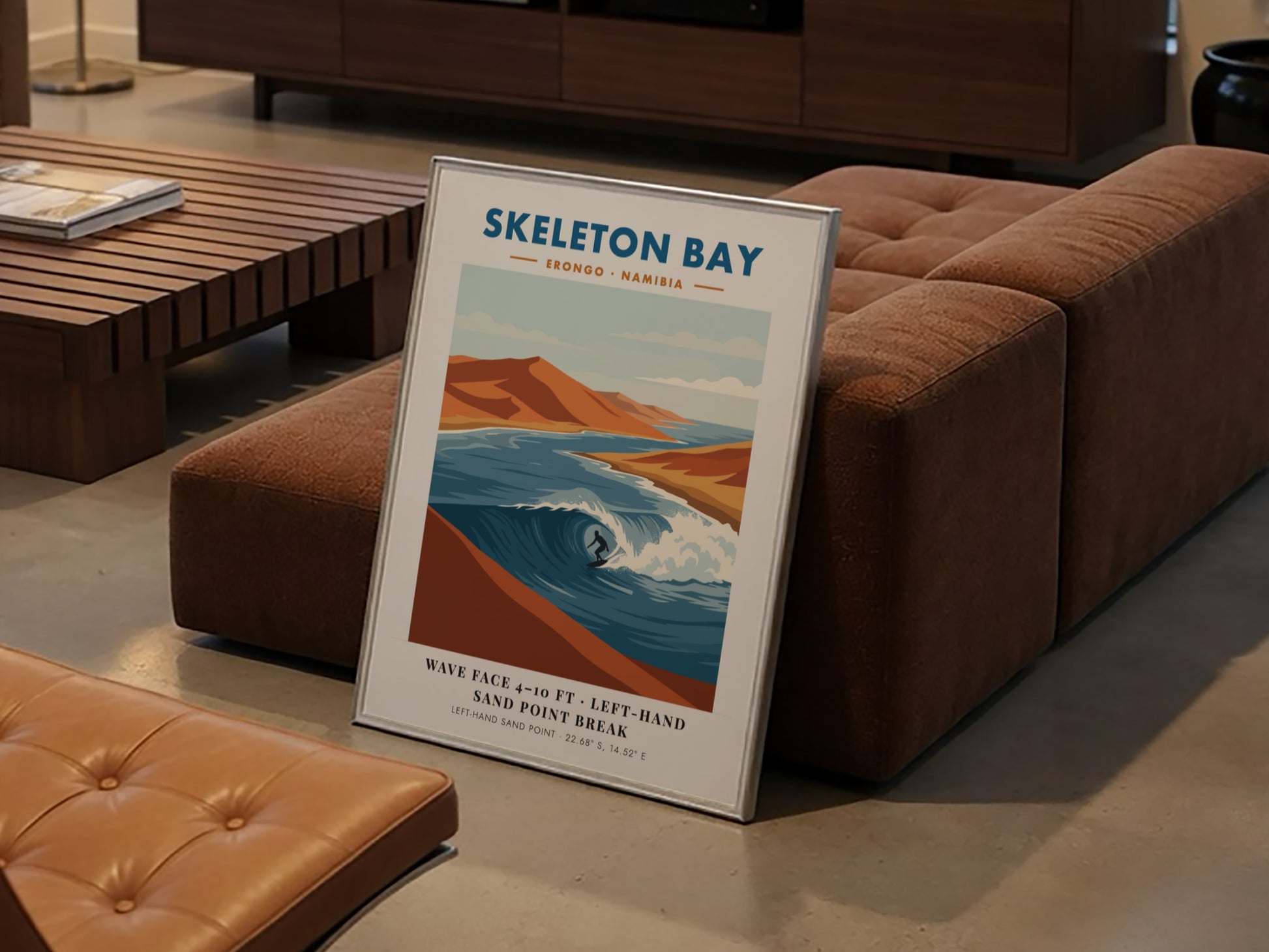 Minimalist surf poster of Skeleton Bay Namibia featuring orange sand dunes and waves.