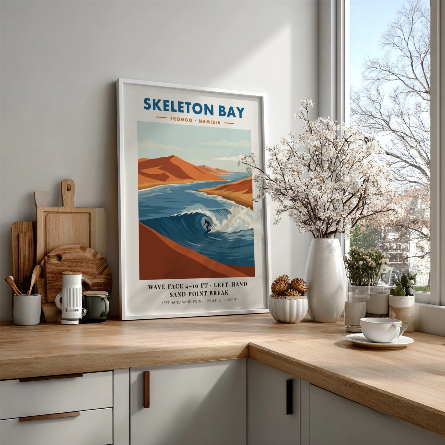 Minimalist surf poster of Skeleton Bay Namibia featuring orange sand dunes and waves.
