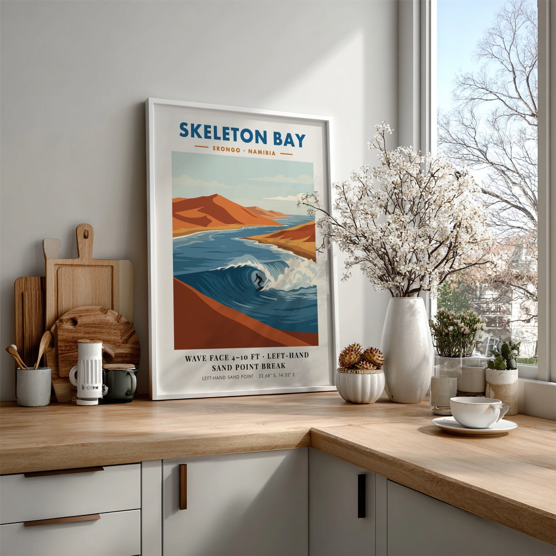 Minimalist surf poster of Skeleton Bay Namibia featuring orange sand dunes and waves.
