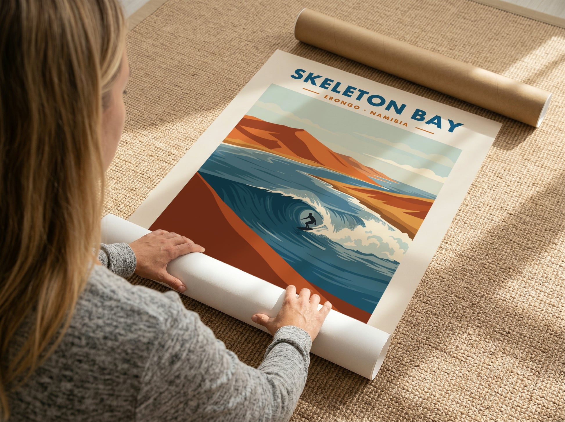 Minimalist surf poster of Skeleton Bay Namibia featuring orange sand dunes and waves.