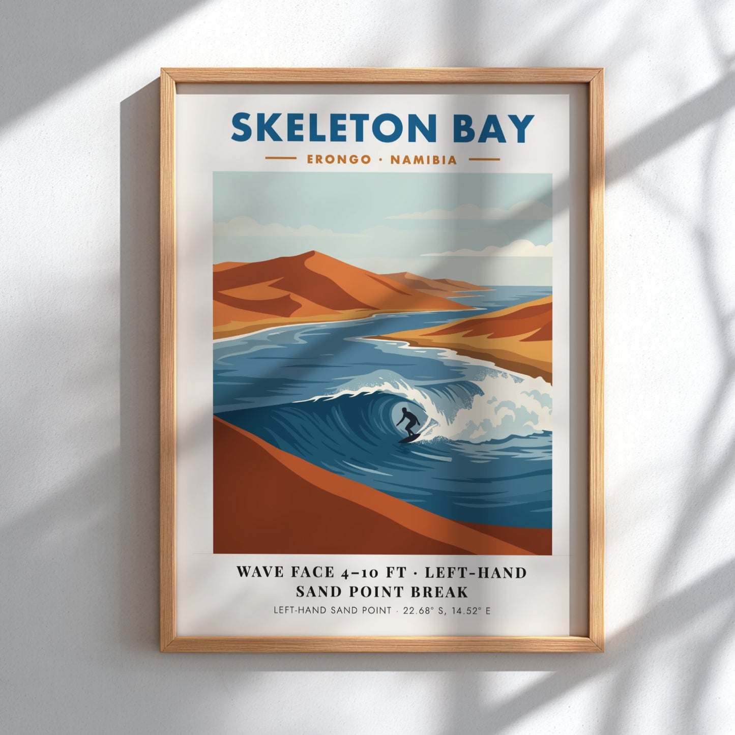 Minimalist surf poster of Skeleton Bay Namibia featuring orange sand dunes and waves.