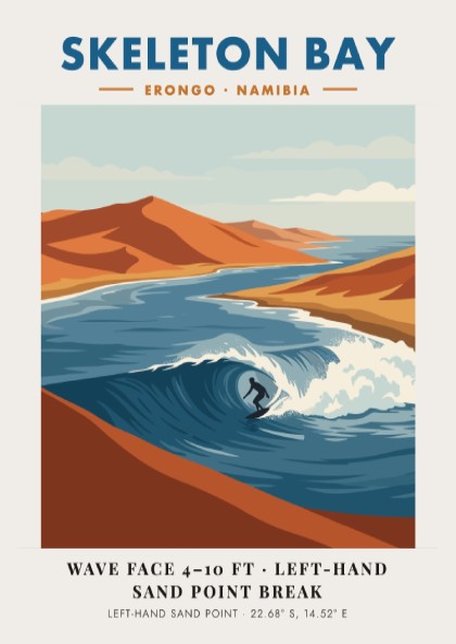 Minimalist surf poster of Skeleton Bay Namibia featuring orange sand dunes and waves.