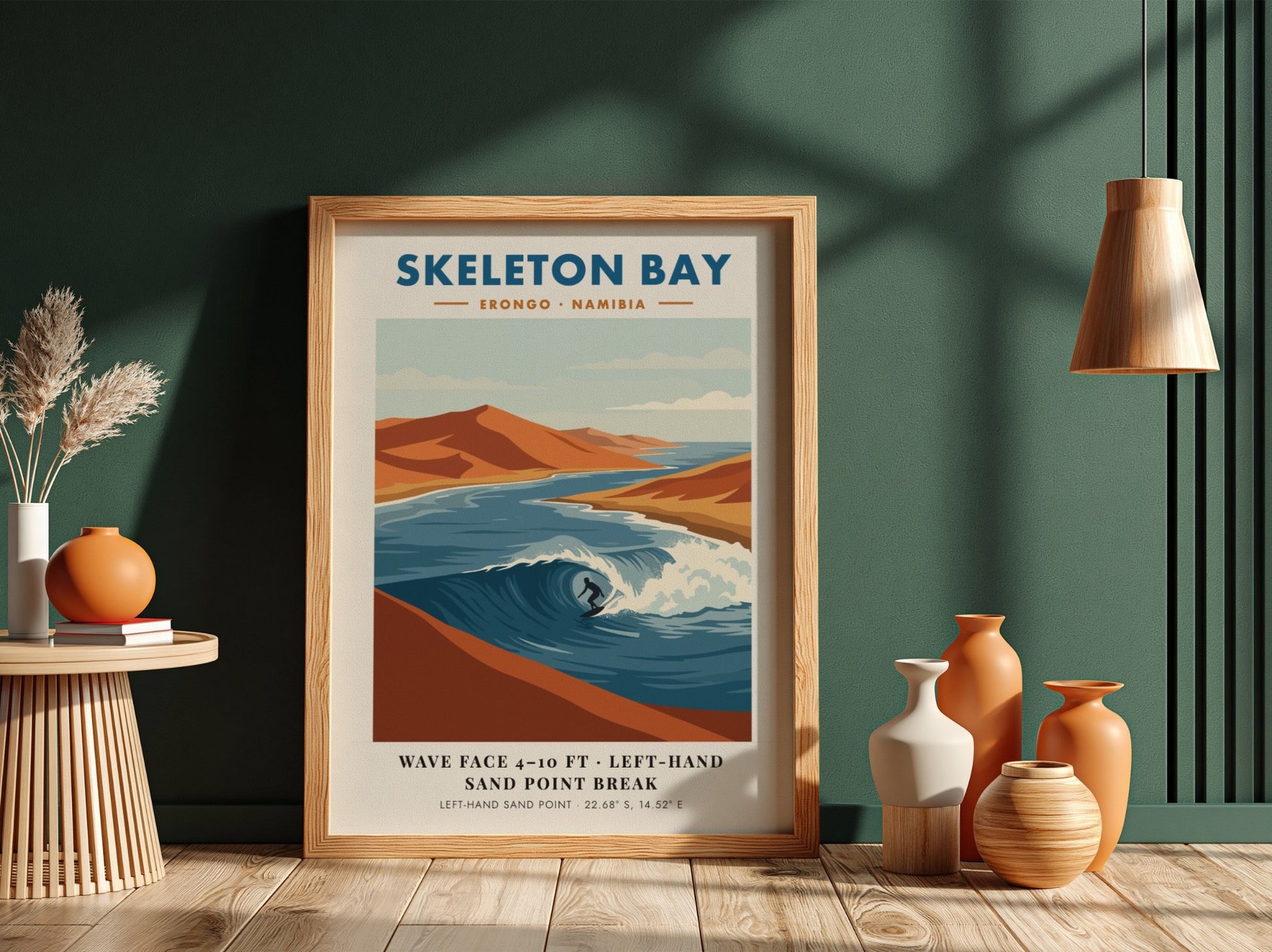 Minimalist surf poster of Skeleton Bay Namibia featuring orange sand dunes and waves.