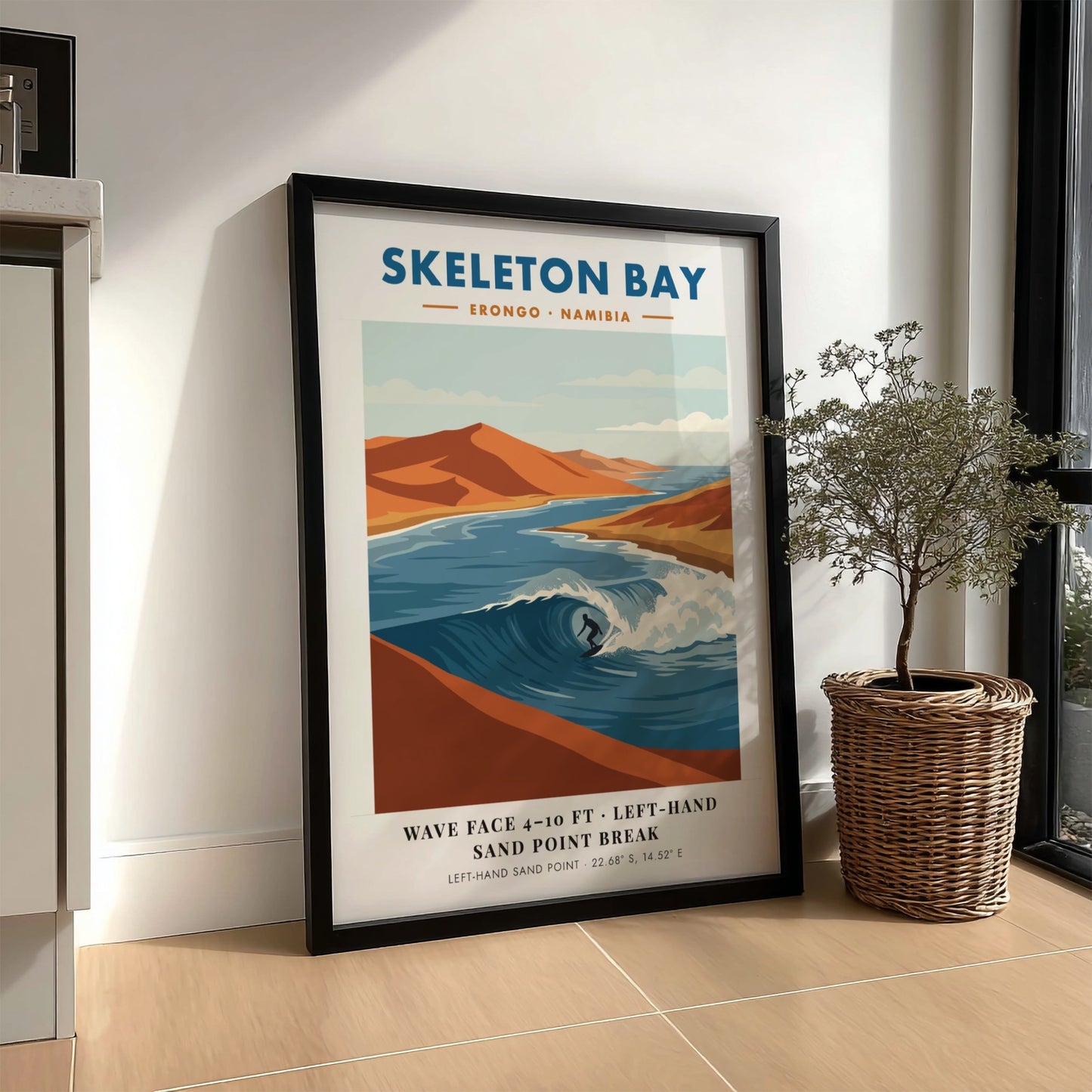 Minimalist surf poster of Skeleton Bay Namibia featuring orange sand dunes and waves.