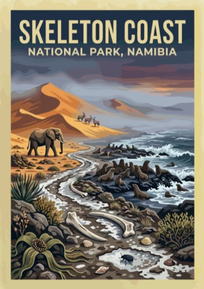 Skeleton Coast poster featuring elephants and desert landscape in earthy tones and blues