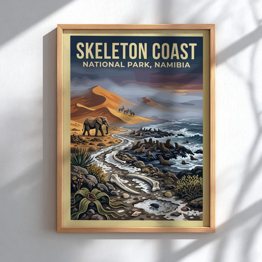 Skeleton Coast poster featuring elephants and desert landscape in earthy tones and blues