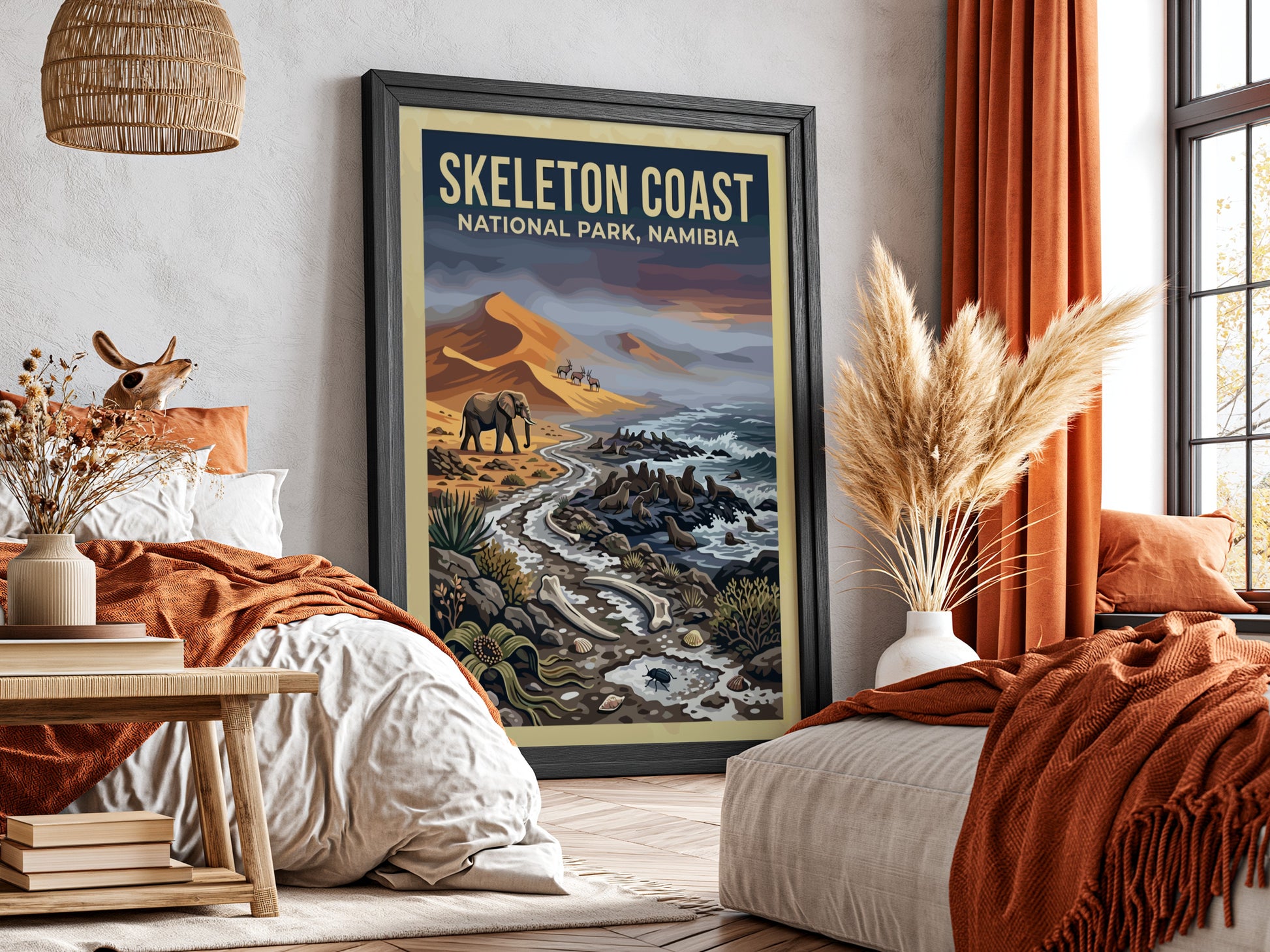 Skeleton Coast poster featuring elephants and desert landscape in earthy tones and blues