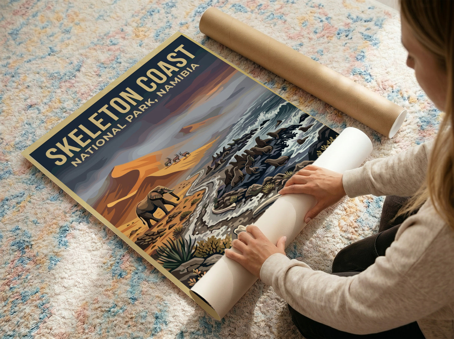 Skeleton Coast poster featuring elephants and desert landscape in earthy tones and blues