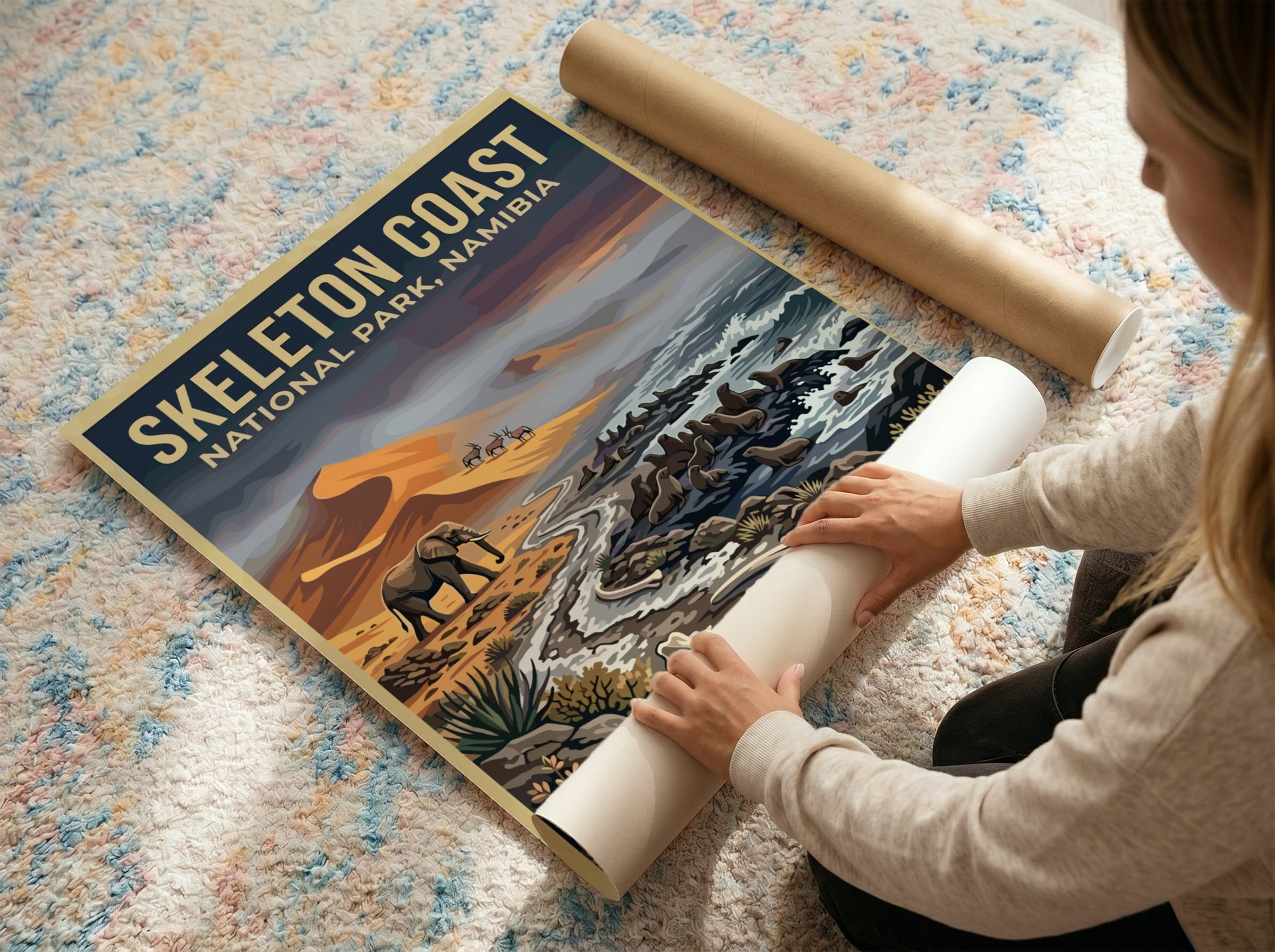 Skeleton Coast poster featuring elephants and desert landscape in earthy tones and blues