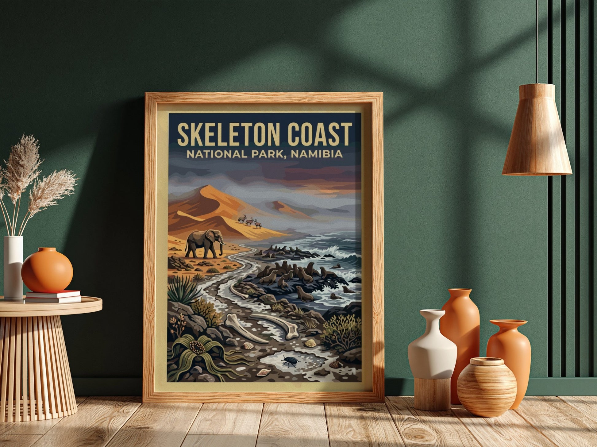 Skeleton Coast poster featuring elephants and desert landscape in earthy tones and blues