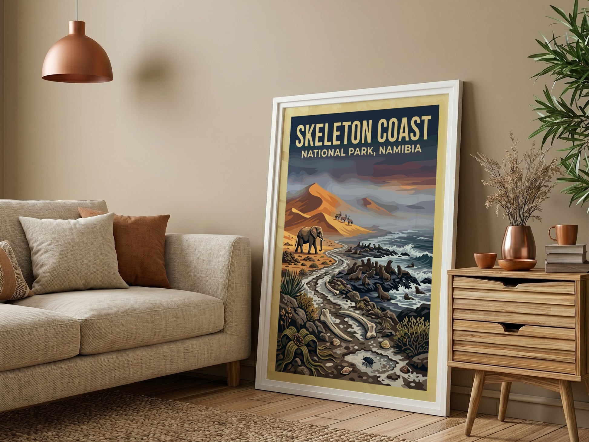 Skeleton Coast poster featuring elephants and desert landscape in earthy tones and blues