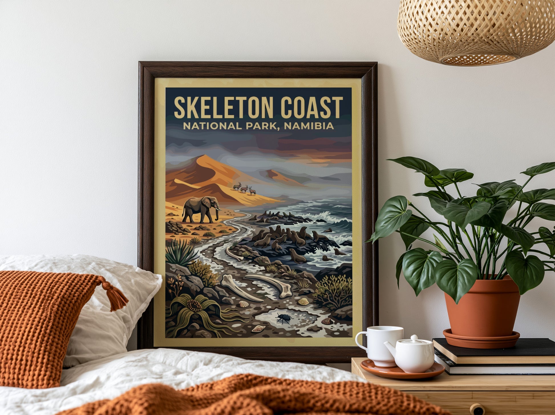Skeleton Coast poster featuring elephants and desert landscape in earthy tones and blues