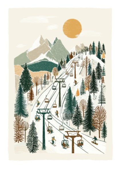 Poster of a stylized ski lift ascending a mountain panorama with skiers and snowboarders, in a muted color