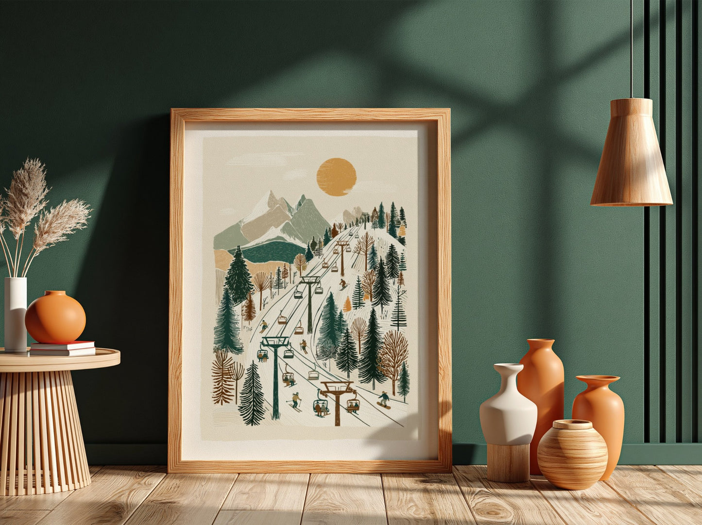 Poster of a stylized ski lift ascending a mountain panorama with skiers and snowboarders, in a muted color