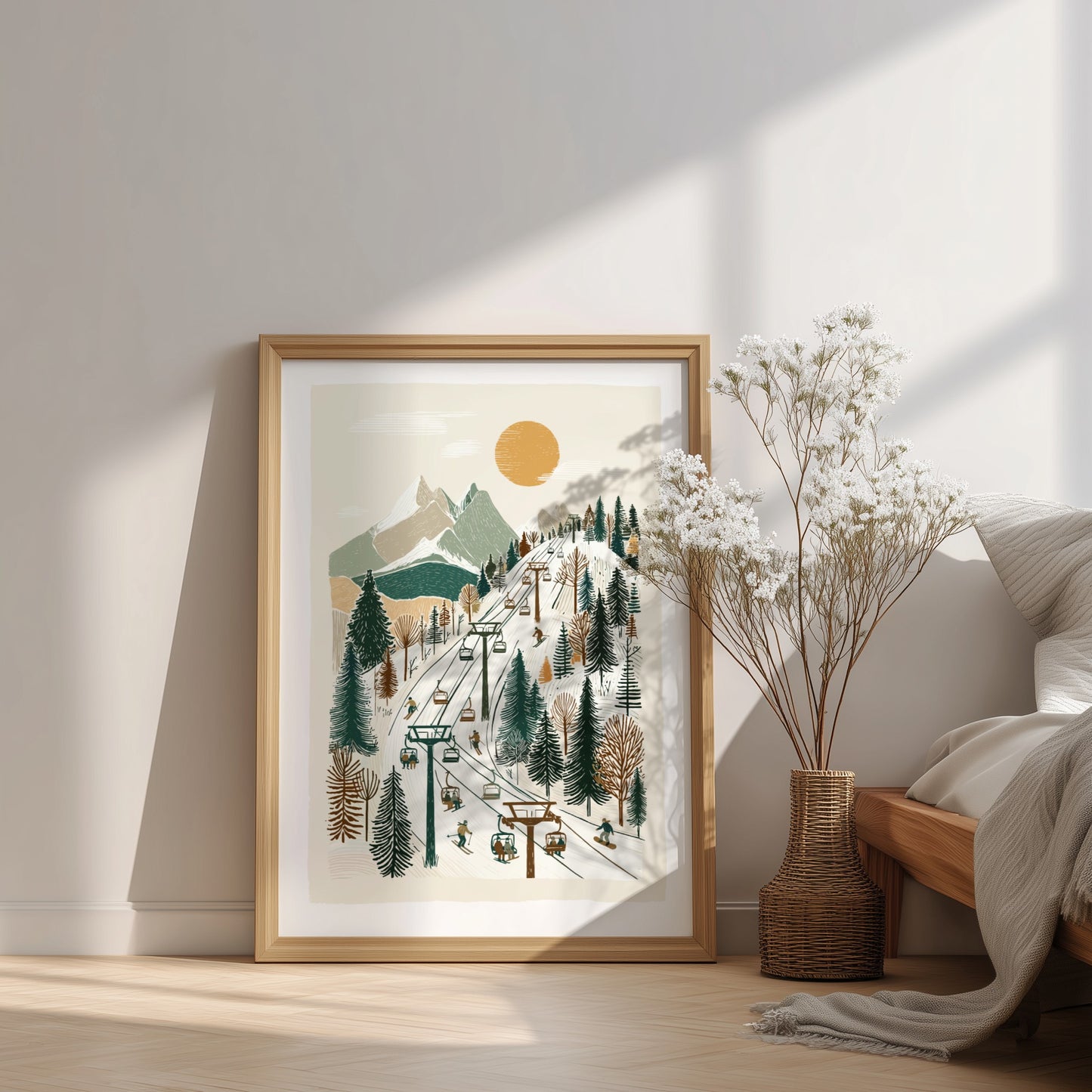 Poster of a stylized ski lift ascending a mountain panorama with skiers and snowboarders, in a muted color