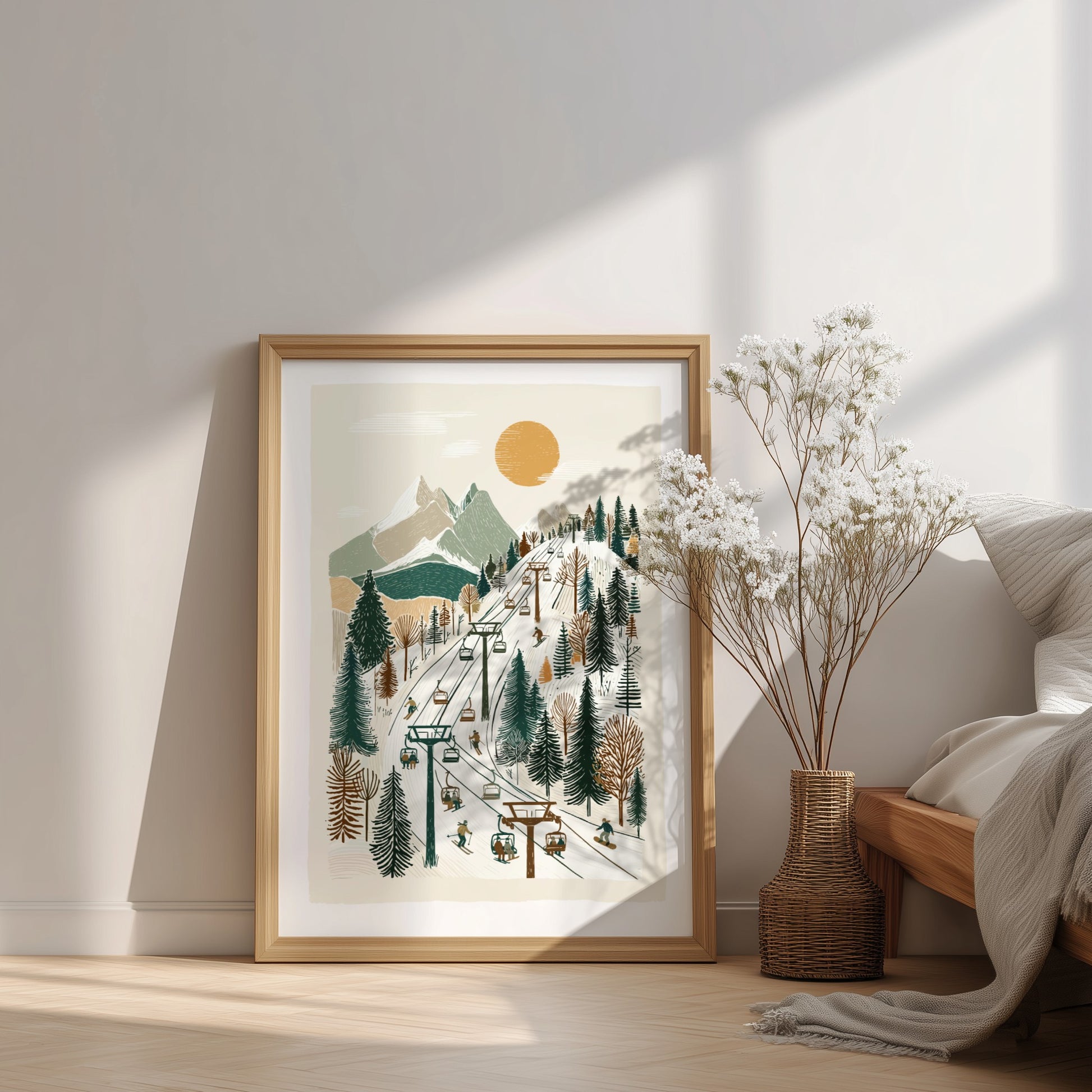 Poster of a stylized ski lift ascending a mountain panorama with skiers and snowboarders, in a muted color