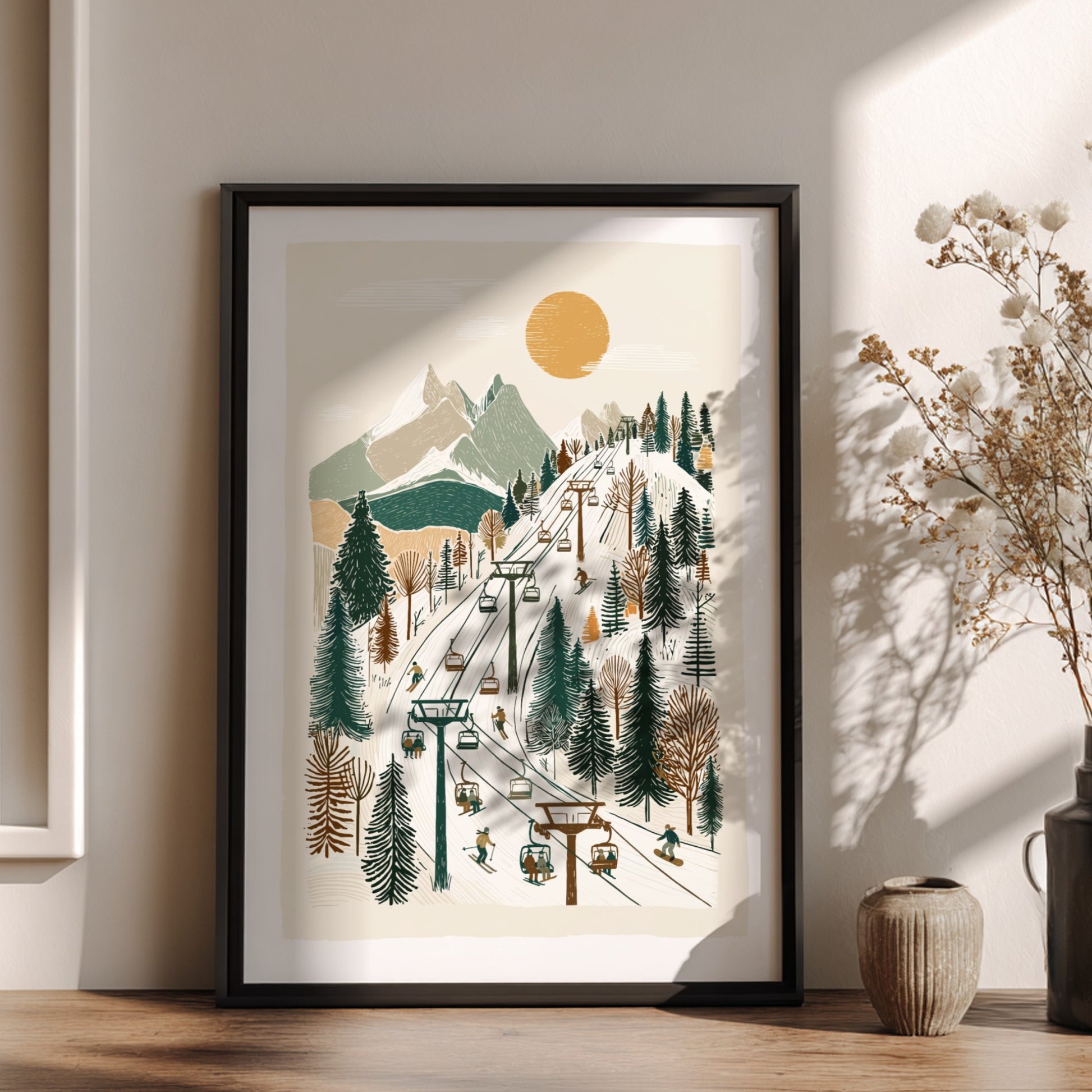 Poster of a stylized ski lift ascending a mountain panorama with skiers and snowboarders, in a muted color