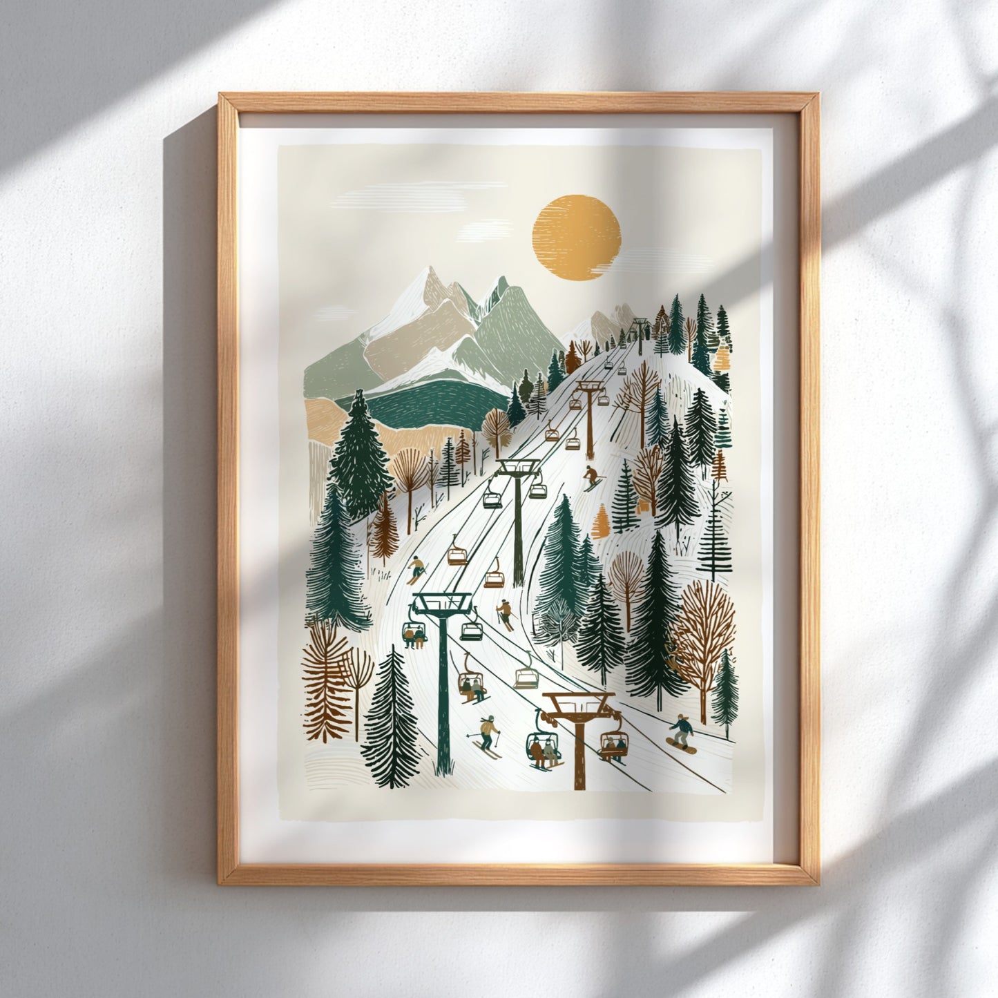 Poster of a stylized ski lift ascending a mountain panorama with skiers and snowboarders, in a muted color