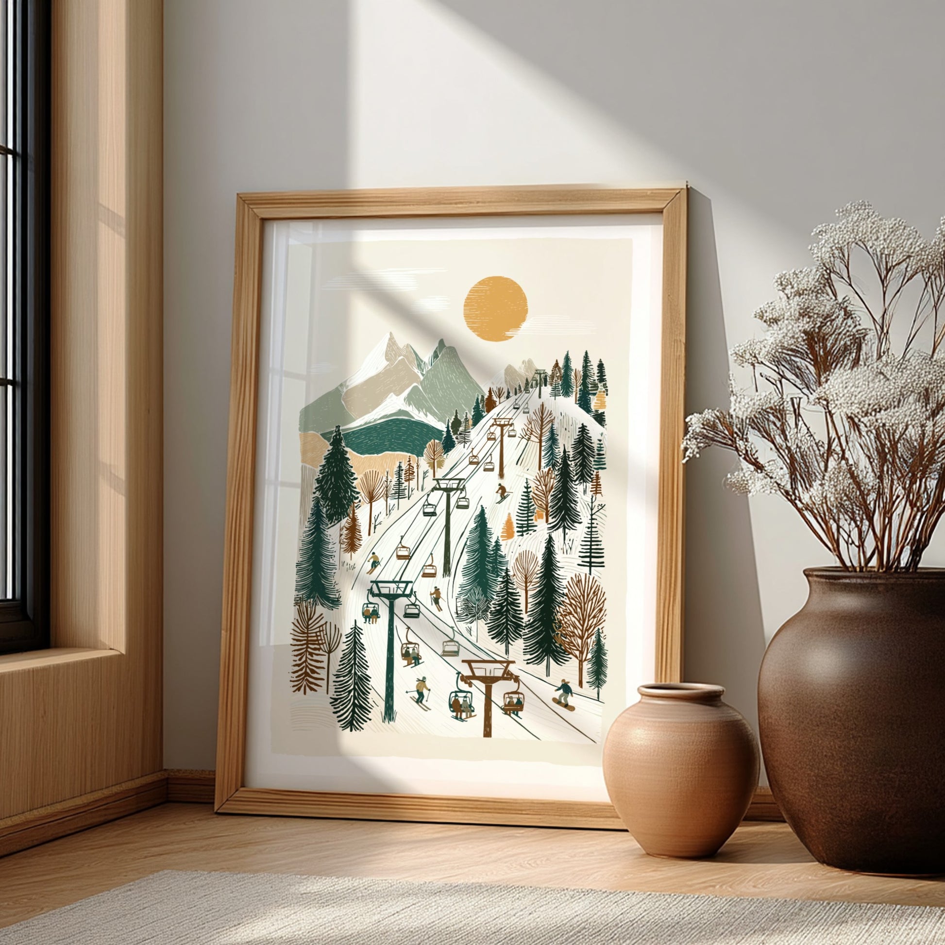 Poster of a stylized ski lift ascending a mountain panorama with skiers and snowboarders, in a muted color