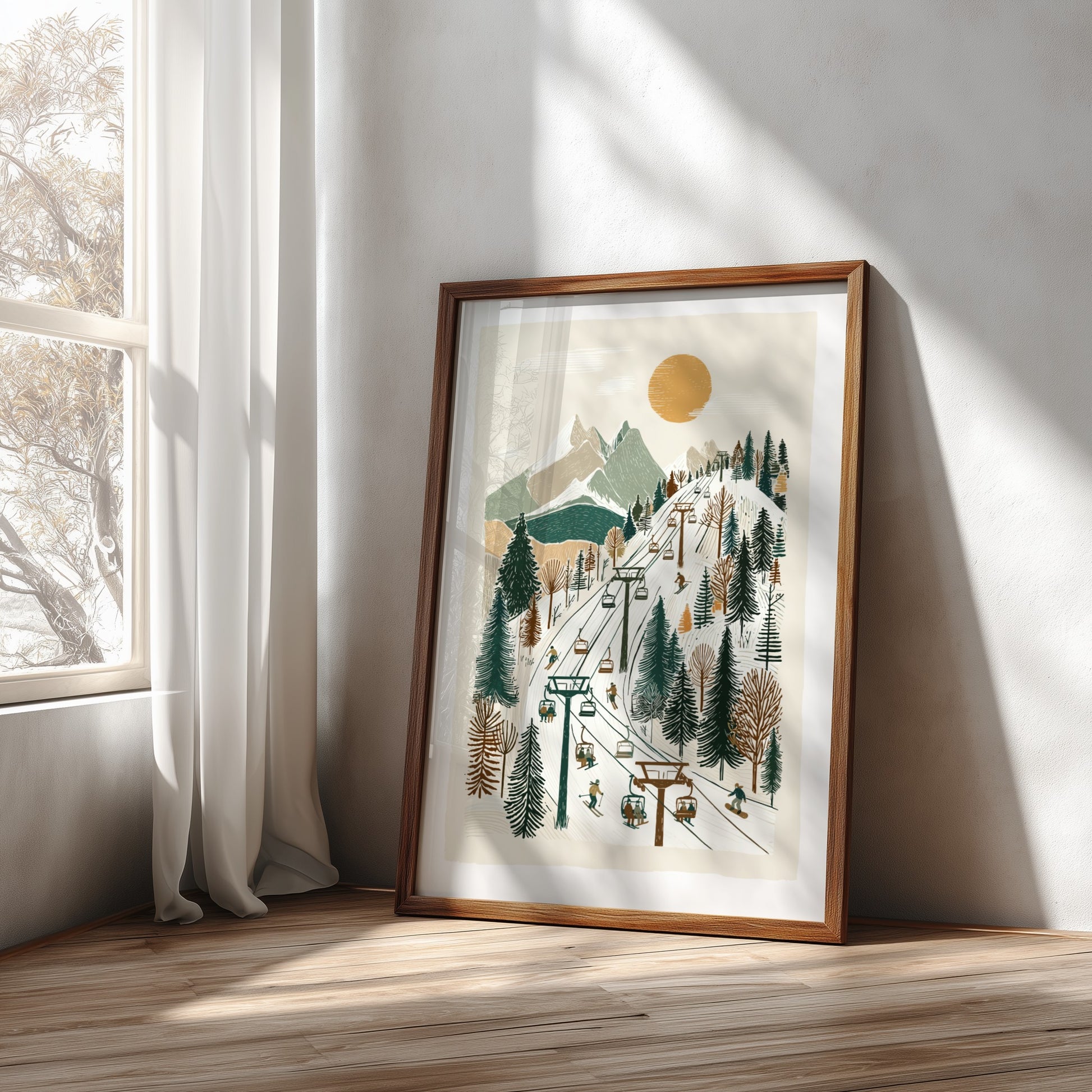 Poster of a stylized ski lift ascending a mountain panorama with skiers and snowboarders, in a muted color