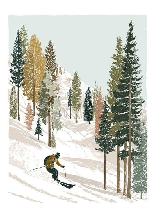 Skiier descending a snowy slope with trees on a light blue background