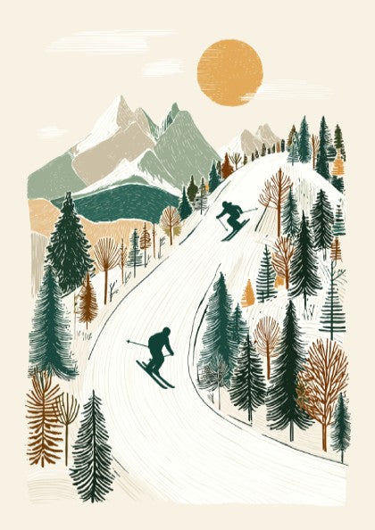 Stylized ski slopes poster with skiers, mountains, trees, and a sun in a muted color palette.