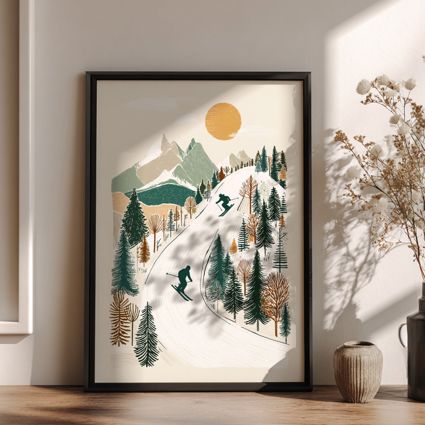 Stylized ski slopes poster with skiers, mountains, trees, and a sun in a muted color palette.