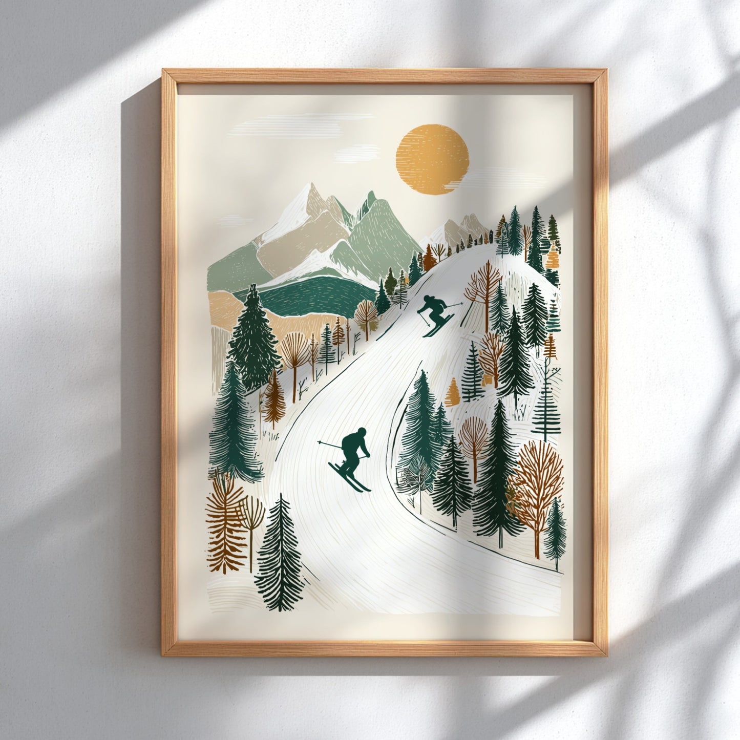 Stylized ski slopes poster with skiers, mountains, trees, and a sun in a muted color palette.