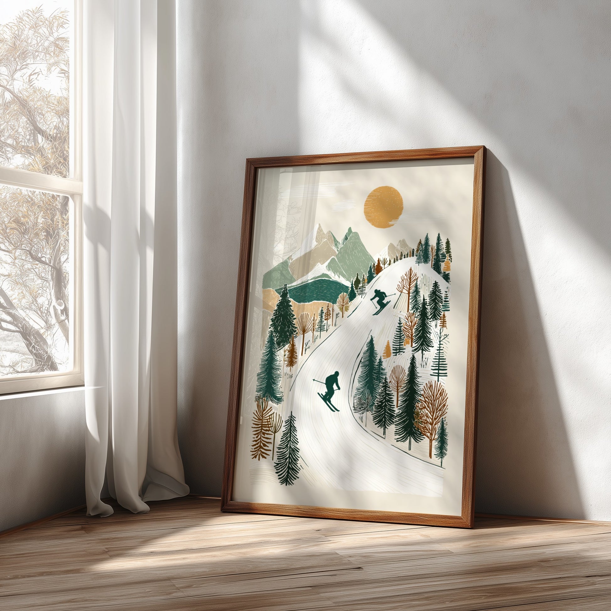 Stylized ski slopes poster with skiers, mountains, trees, and a sun in a muted color palette.