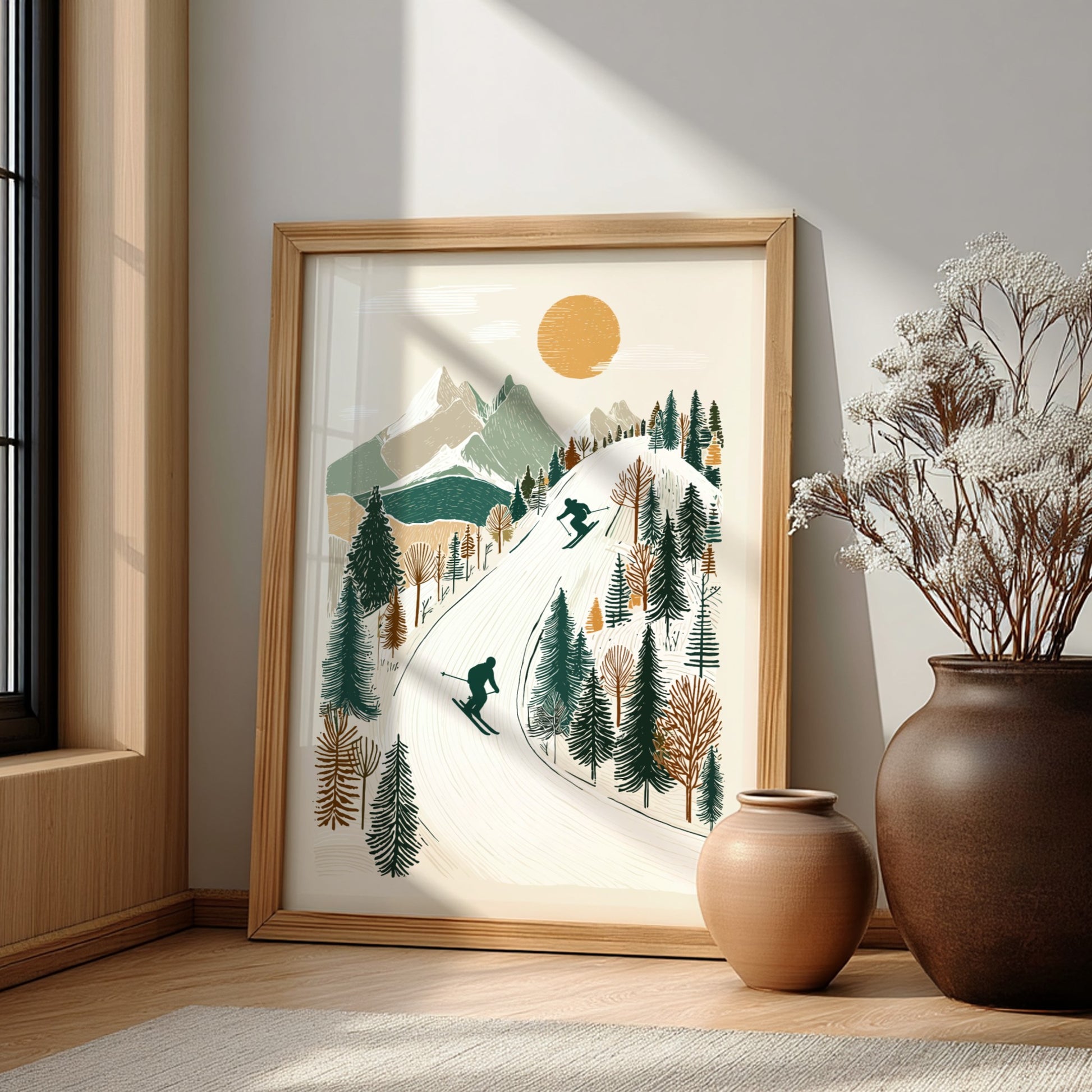 Stylized ski slopes poster with skiers, mountains, trees, and a sun in a muted color palette.