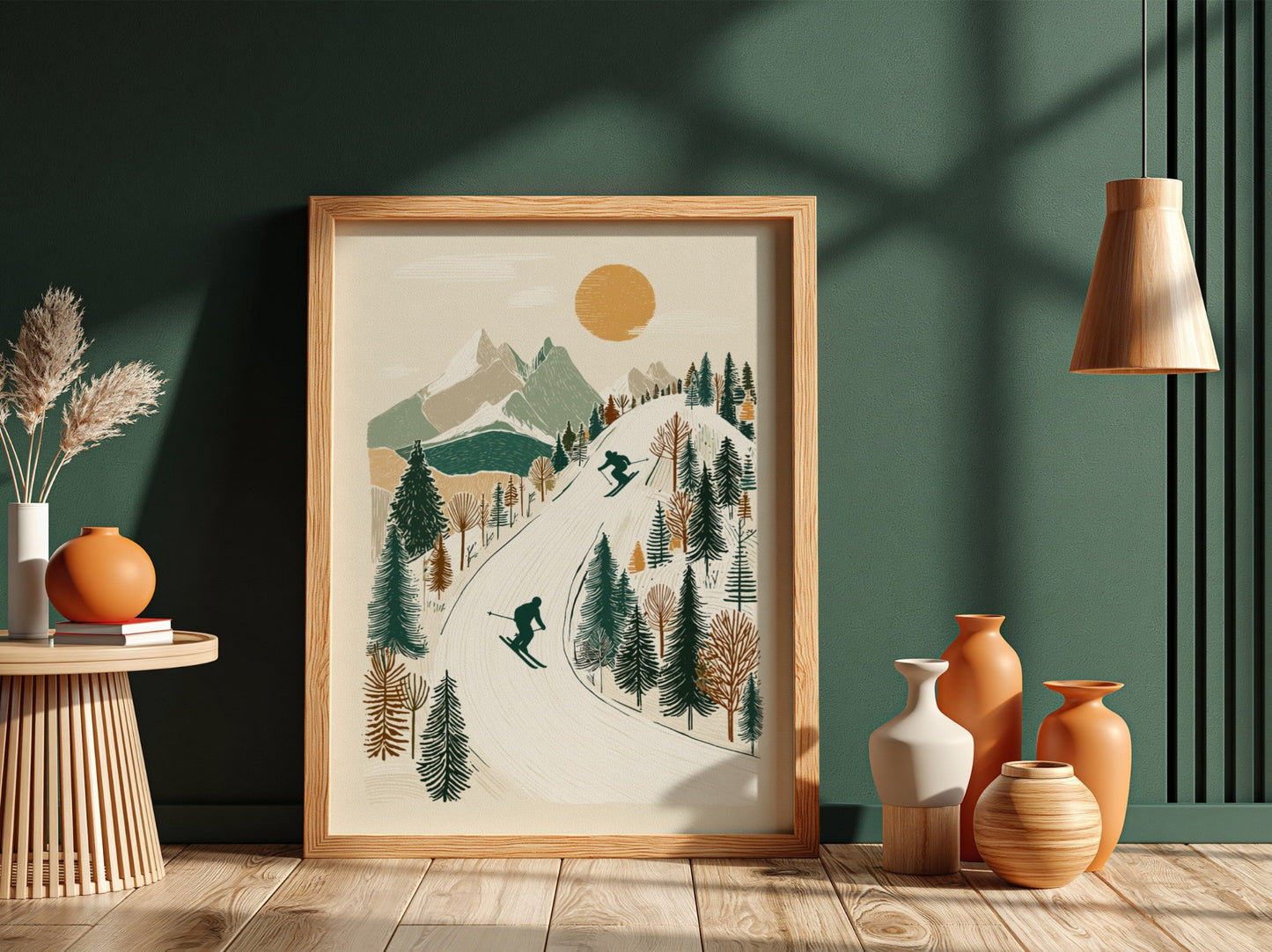 Stylized ski slopes poster with skiers, mountains, trees, and a sun in a muted color palette.