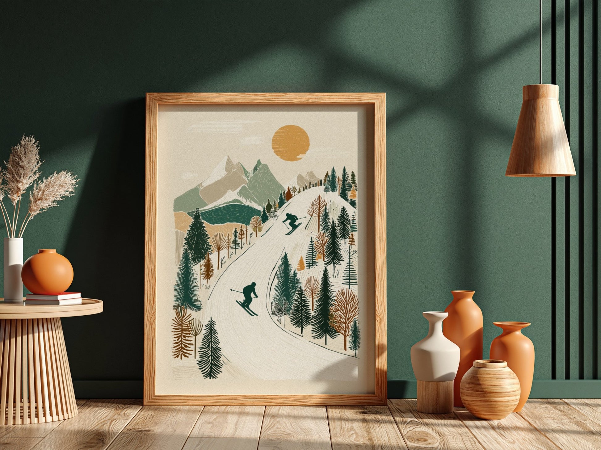 Stylized ski slopes poster with skiers, mountains, trees, and a sun in a muted color palette.