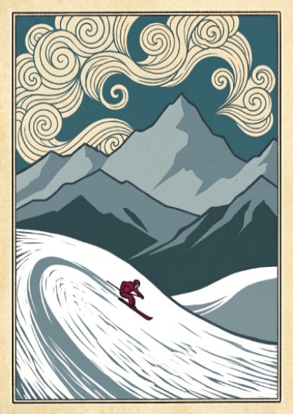 Japanese art style poster featuring a skier in swirling snow and mountains