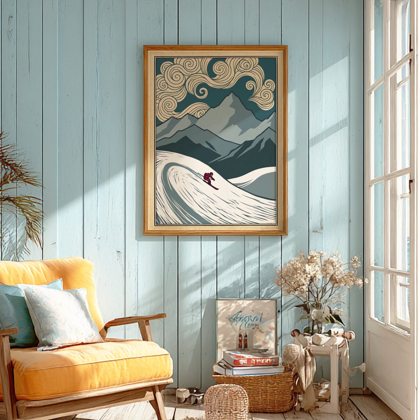 Japanese art style poster featuring a skier in swirling snow and mountains