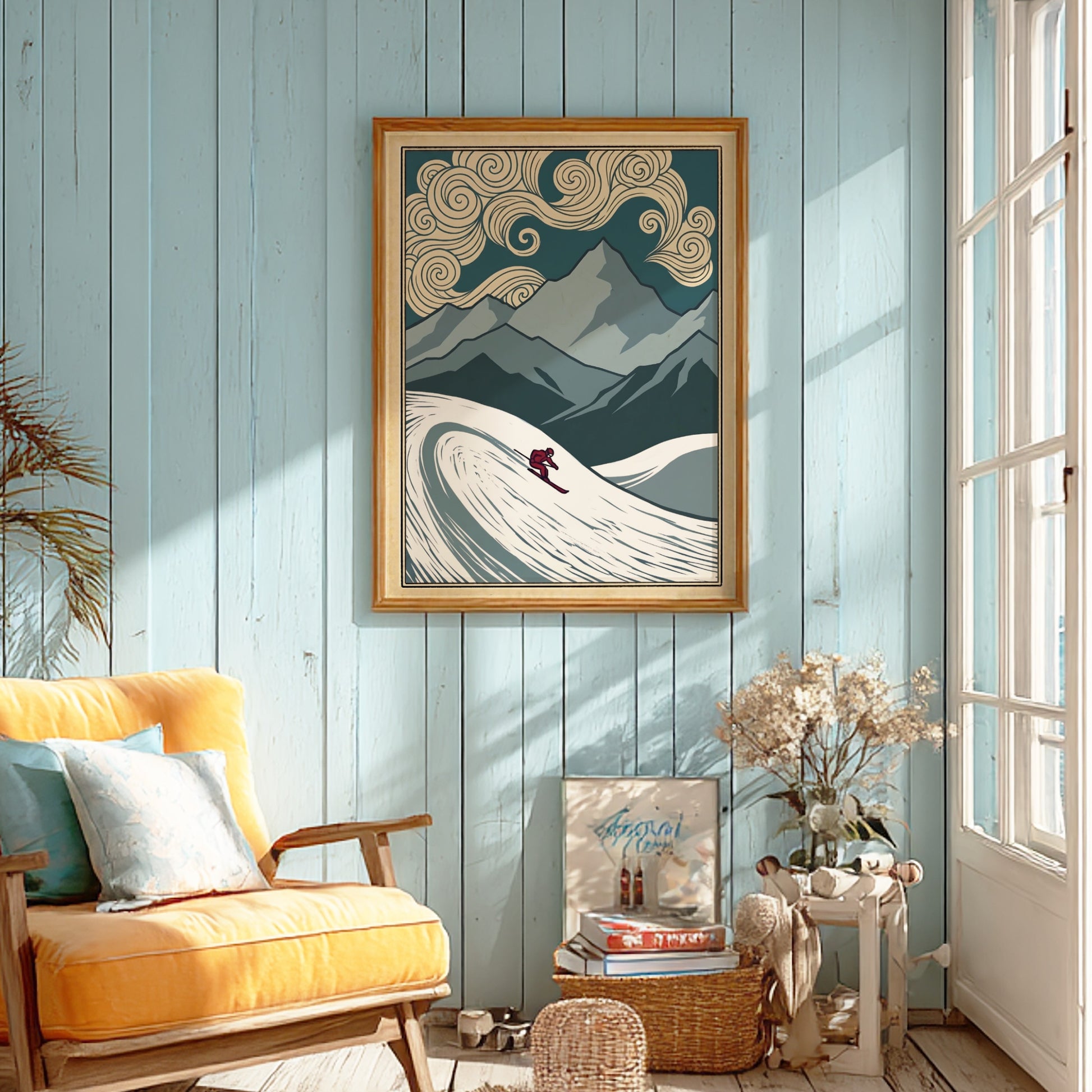 Japanese art style poster featuring a skier in swirling snow and mountains