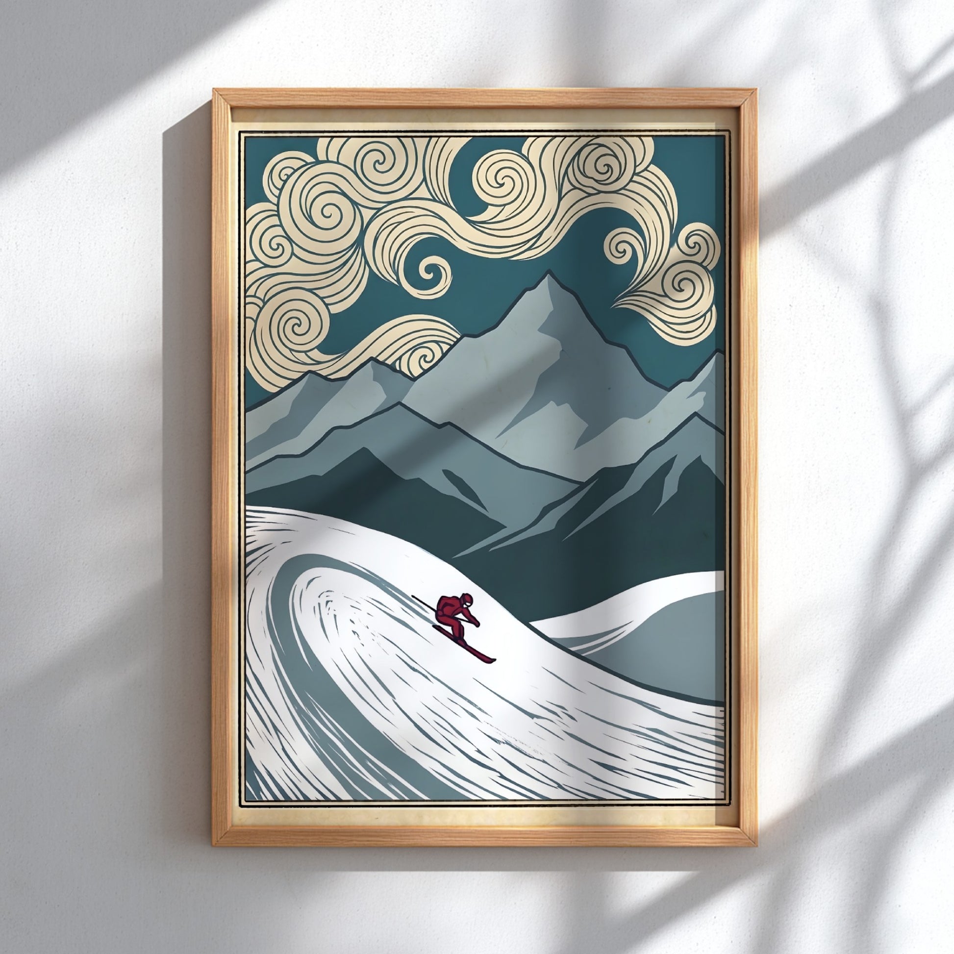 Japanese art style poster featuring a skier in swirling snow and mountains